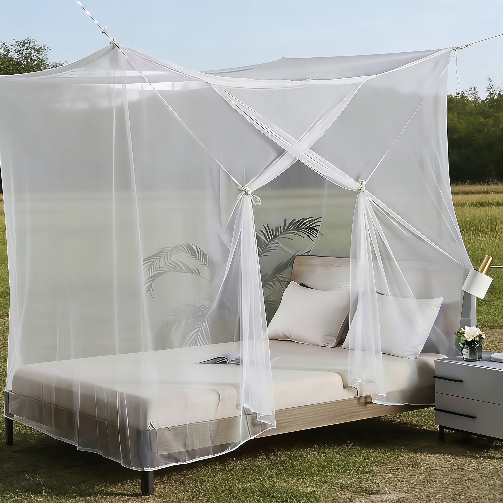 Vintage-style Household Double Bed Mosquito Net, 1pc Reinforced Double Four-corner Mosquito Net, Outdoor Camping Mesh Tent, Standard Tie-string Mosquito Net