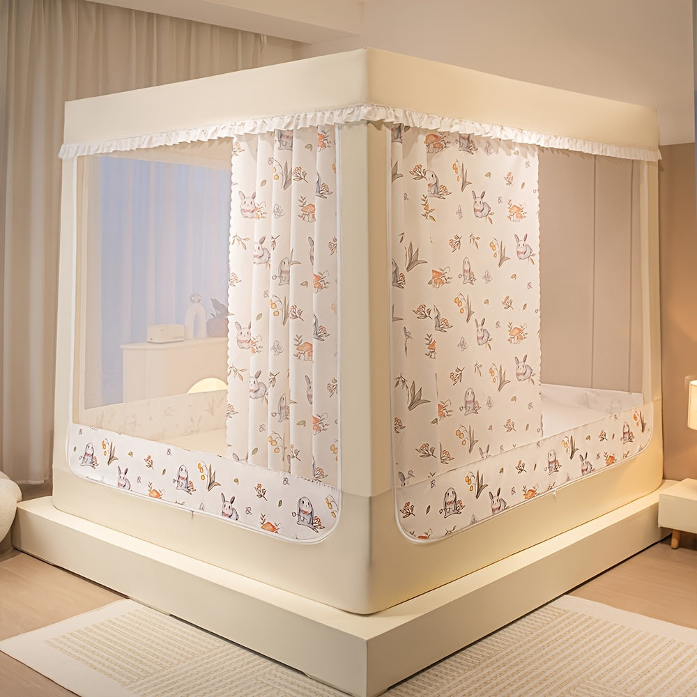 Printed Mosquito Net, Square Frame, with Two Blackout Curtains, Freestanding Canopy, 360° Breathable Insect-proof Mesh, Quick Installation, Removable Design, Multiple Sizes Available, Suitable for Home And Outdoor Use, Cute Canopy Pattern.