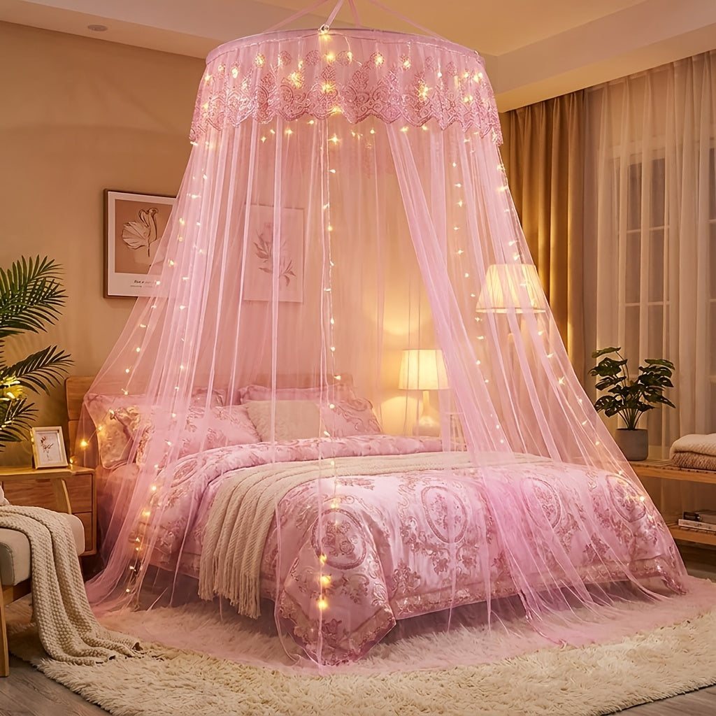 1pc Princess Style Double Layer Lace Canopy Bed Canopy with Ruffled Round Top Frame & Pre-Installed Hooks - Suitable for Single\u002FDouble\u002FKing Beds, Polyester Mosquito Suitable for, Room, Bedroom Decor