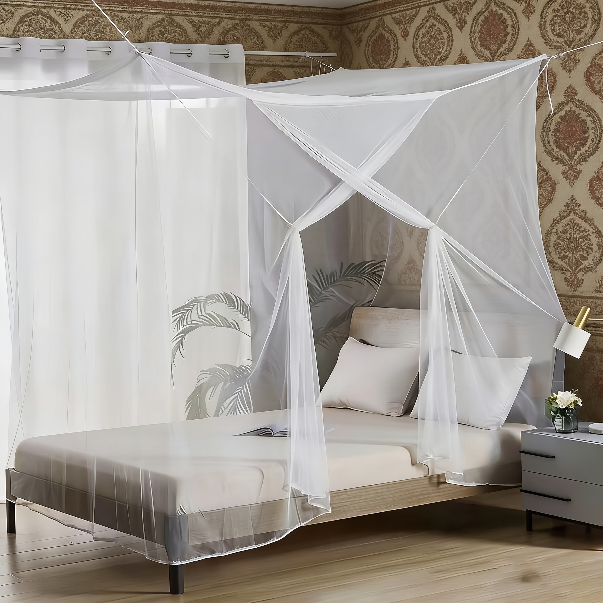 Vintage-style Household Double Bed Mosquito Net, 1pc Reinforced Double Four-corner Mosquito Net, Outdoor Camping Mesh Tent, Standard Tie-string Mosquito Net