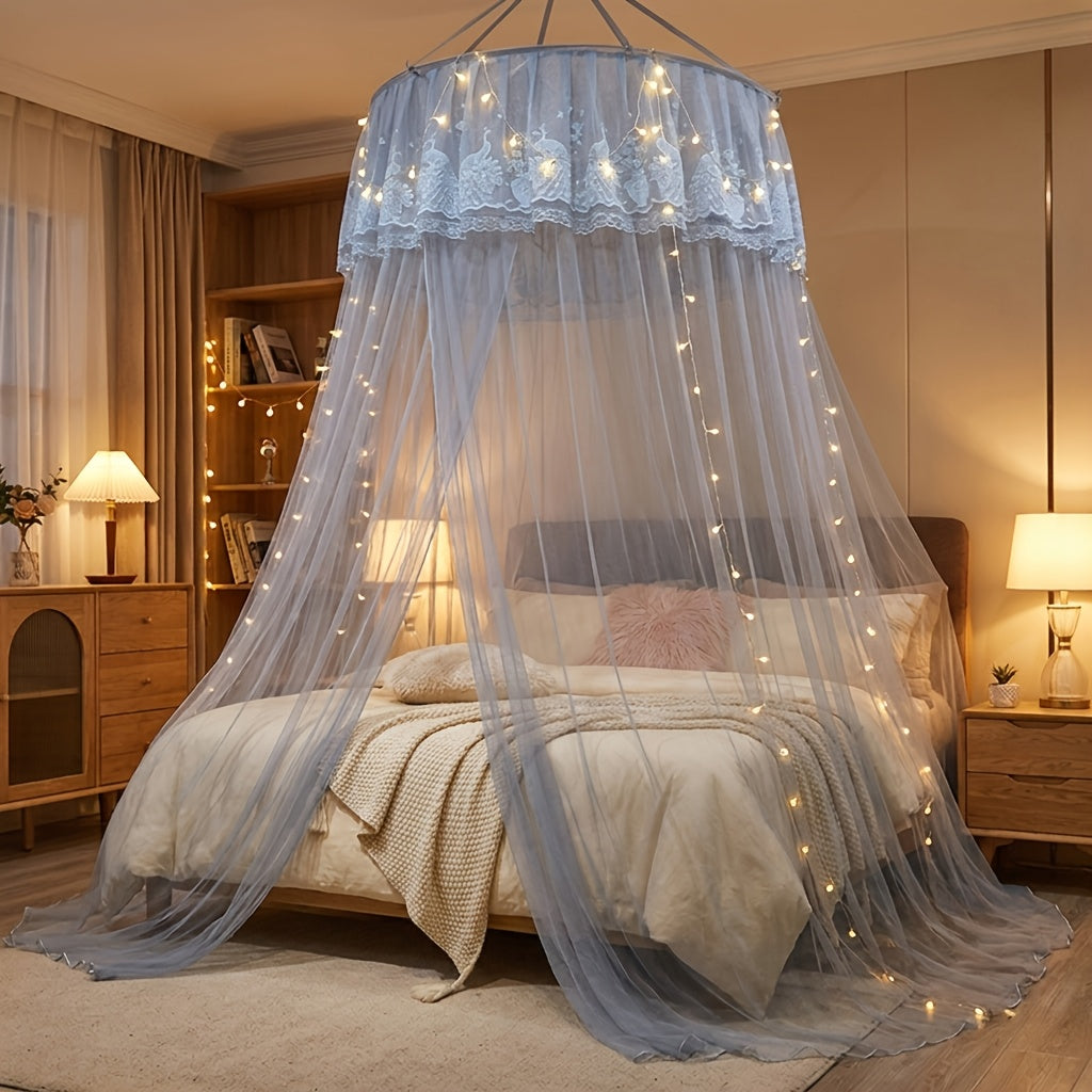 1pc Princess Style Double Layer Lace Canopy Bed Canopy with Ruffled Round Top Frame & Pre-Installed Hooks - Suitable for Single\u002FDouble\u002FKing Beds, Polyester Mosquito Suitable for, Room, Bedroom Decor