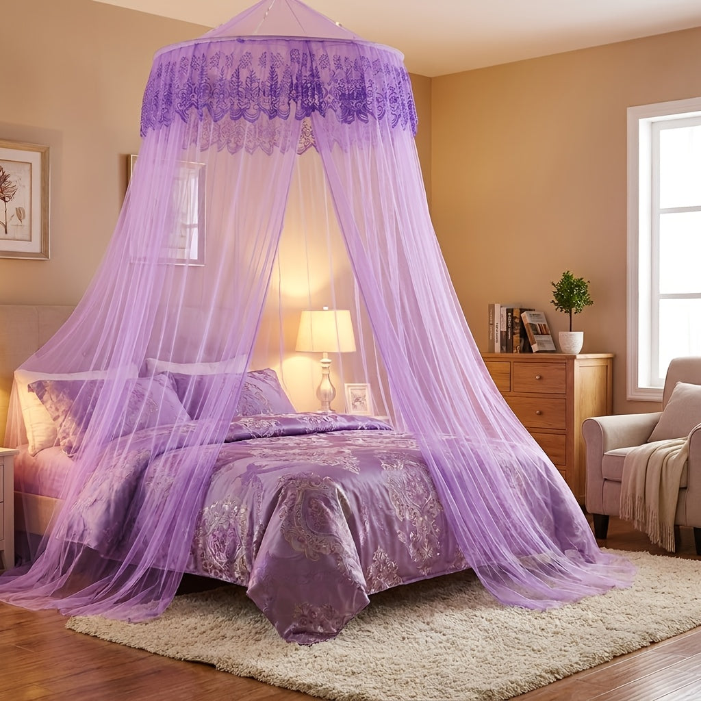 1pc Princess Style Double Layer Lace Canopy Bed Canopy with Ruffled Round Top Frame & Pre-Installed Hooks - Suitable for Single\u002FDouble\u002FKing Beds, Polyester Mosquito Suitable for, Room, Bedroom Decor