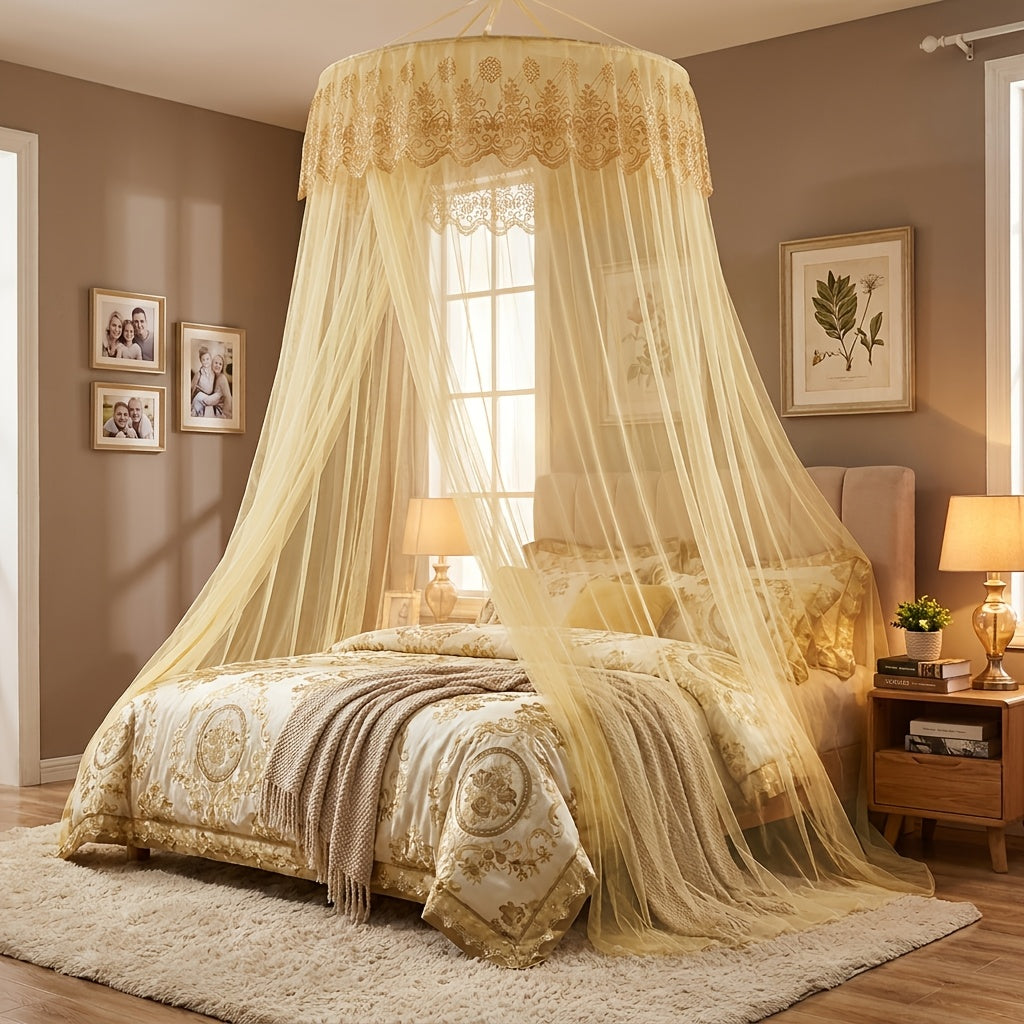 1pc Princess Style Double Layer Lace Canopy Bed Canopy with Ruffled Round Top Frame & Pre-Installed Hooks - Suitable for Single\u002FDouble\u002FKing Beds, Polyester Mosquito Suitable for, Room, Bedroom Decor