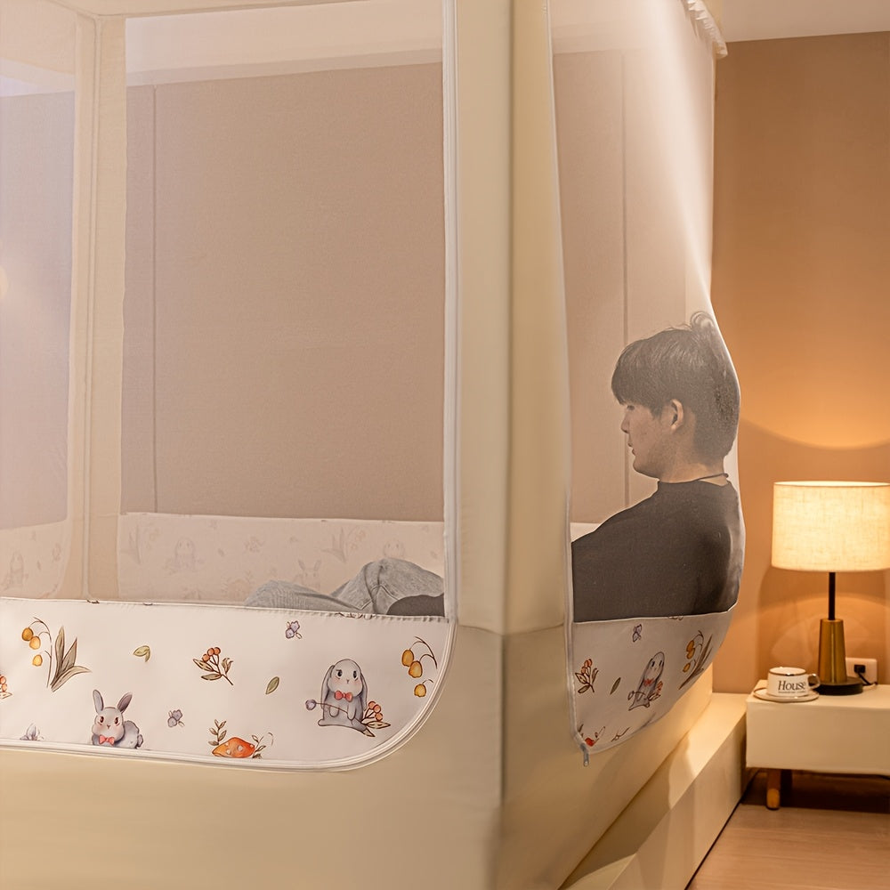 Printed Mosquito Net, Square Frame, with Two Blackout Curtains, Freestanding Canopy, 360° Breathable Insect-proof Mesh, Quick Installation, Removable Design, Multiple Sizes Available, Suitable for Home And Outdoor Use, Cute Canopy Pattern.