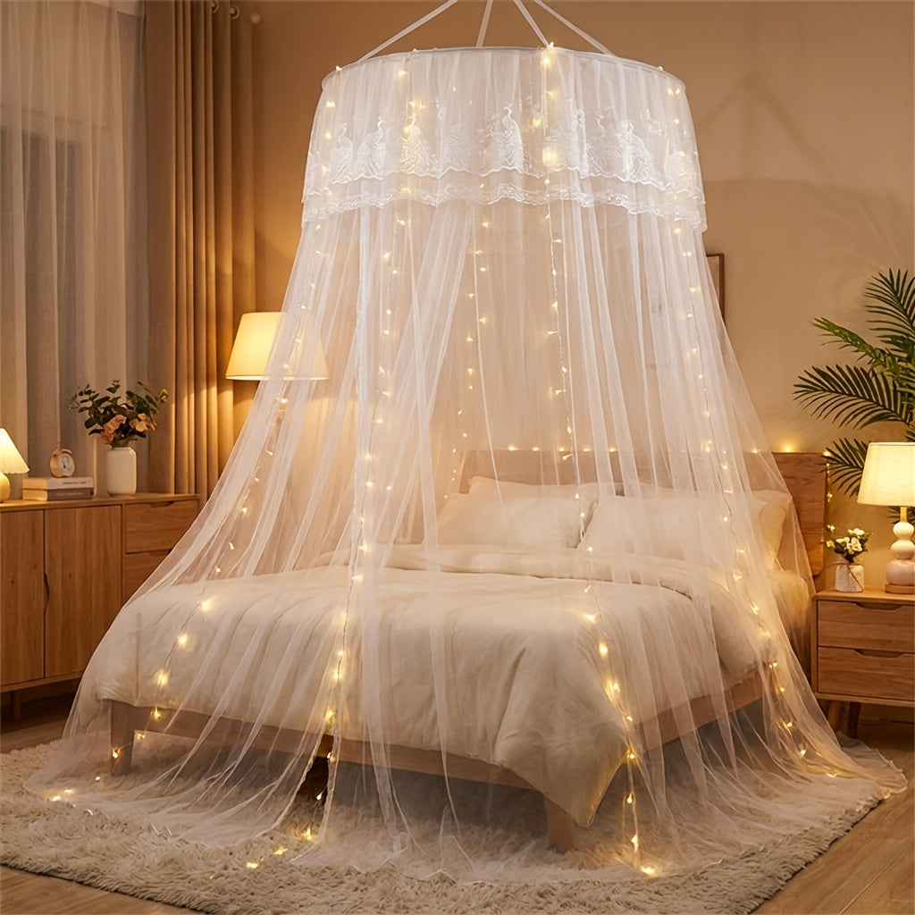 1pc Princess Style Double Layer Lace Canopy Bed Canopy with Ruffled Round Top Frame & Pre-Installed Hooks - Suitable for Single\u002FDouble\u002FKing Beds, Polyester Mosquito Suitable for, Room, Bedroom Decor