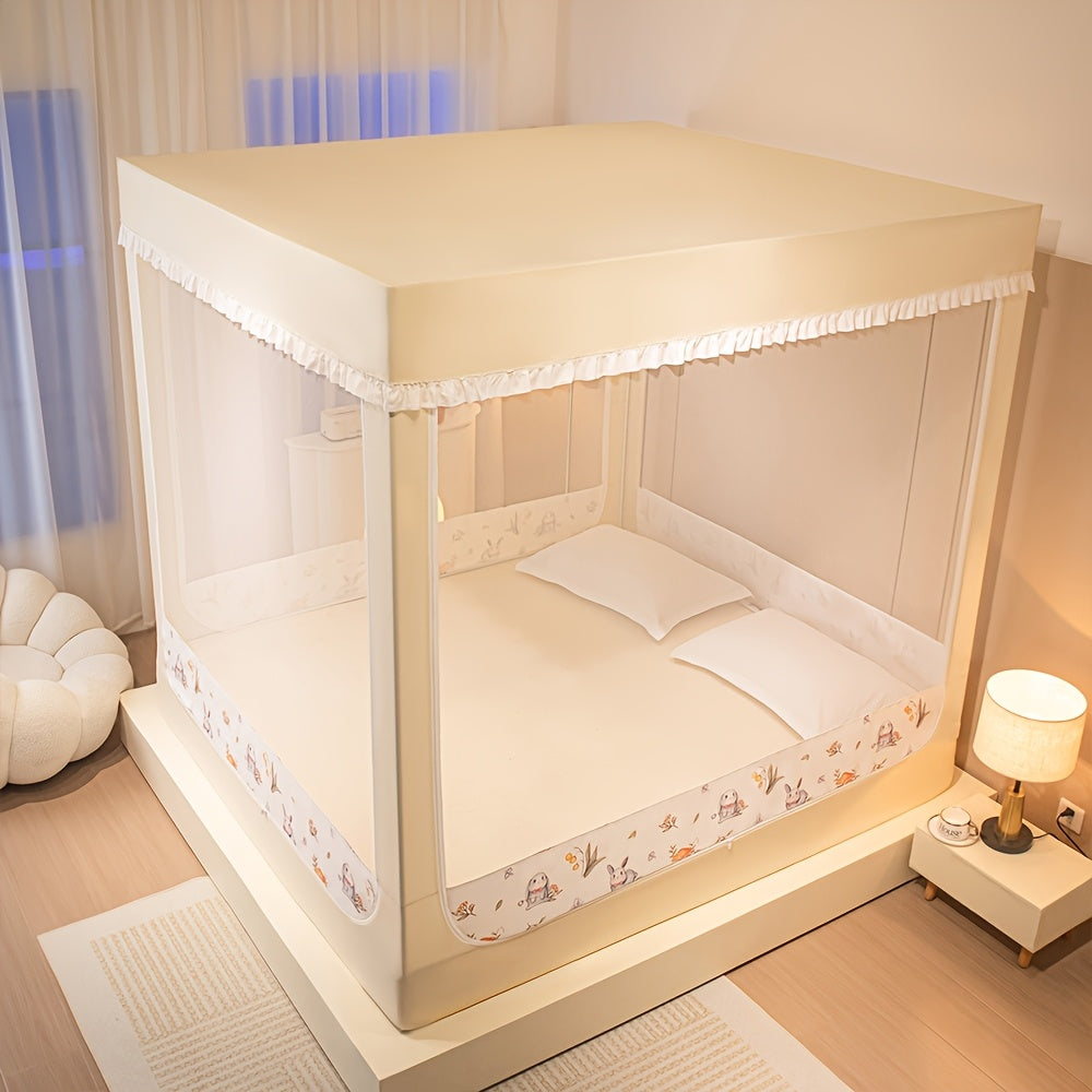 Printed Mosquito Net, Square Frame, with Two Blackout Curtains, Freestanding Canopy, 360° Breathable Insect-proof Mesh, Quick Installation, Removable Design, Multiple Sizes Available, Suitable for Home And Outdoor Use, Cute Canopy Pattern.