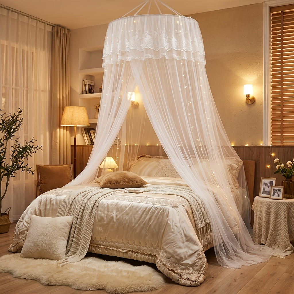 1pc Princess Style Double Layer Lace Canopy Bed Canopy with Ruffled Round Top Frame & Pre-Installed Hooks - Suitable for Single\u002FDouble\u002FKing Beds, Polyester Mosquito Suitable for, Room, Bedroom Decor