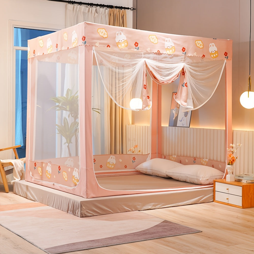 Printed Mosquito Net, Square Frame, with Two Blackout Curtains, Freestanding Canopy, 360° Breathable Insect-proof Mesh, Quick Installation, Removable Design, Multiple Sizes Available, Suitable for Home And Outdoor Use, Cute Canopy Pattern.