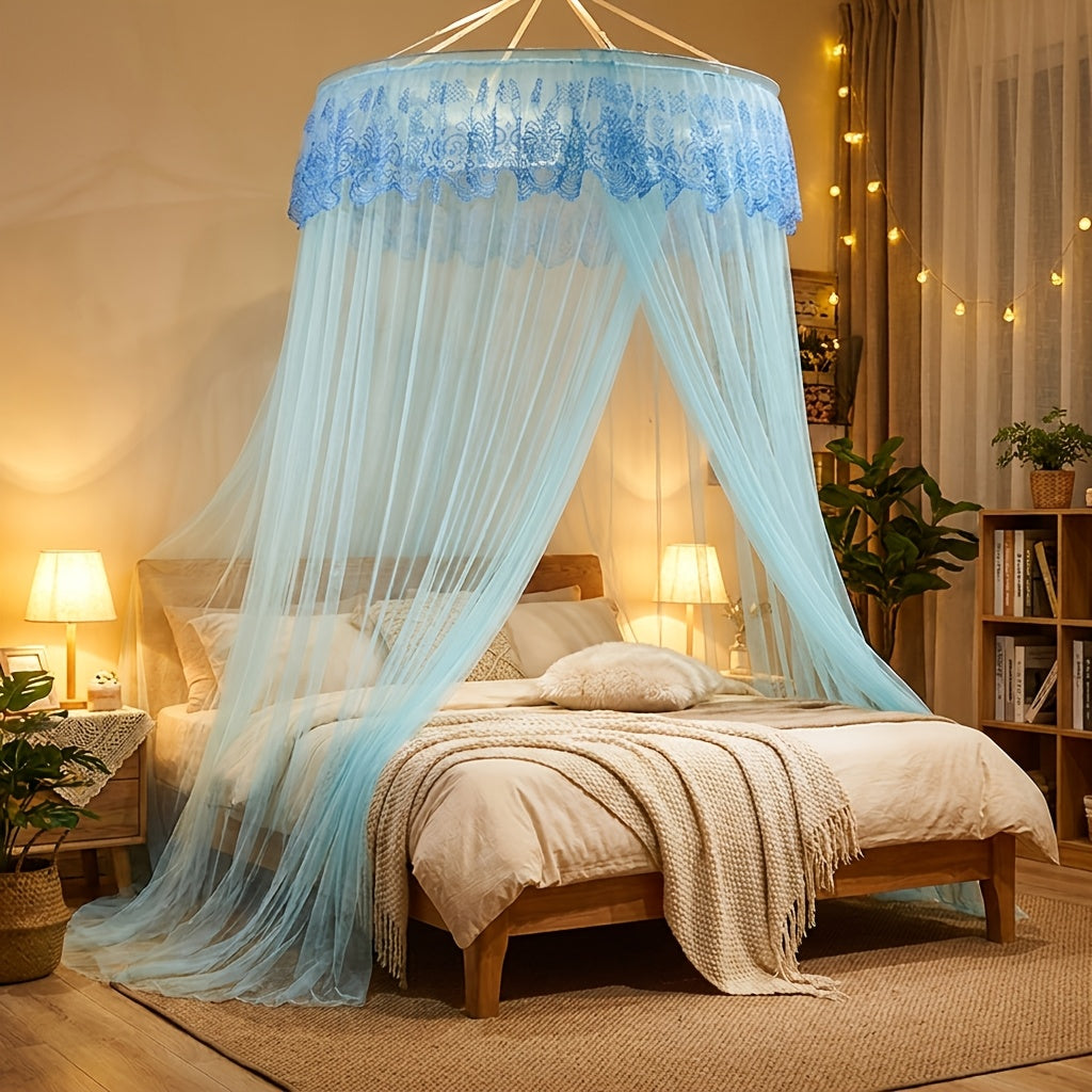 1pc Princess Style Double Layer Lace Canopy Bed Canopy with Ruffled Round Top Frame & Pre-Installed Hooks - Suitable for Single\u002FDouble\u002FKing Beds, Polyester Mosquito Suitable for, Room, Bedroom Decor