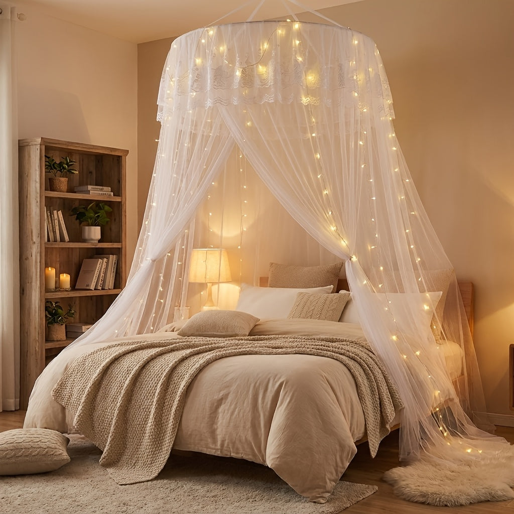 1pc Princess Style Double Layer Lace Canopy Bed Canopy with Ruffled Round Top Frame & Pre-Installed Hooks - Suitable for Single\u002FDouble\u002FKing Beds, Polyester Mosquito Suitable for, Room, Bedroom Decor